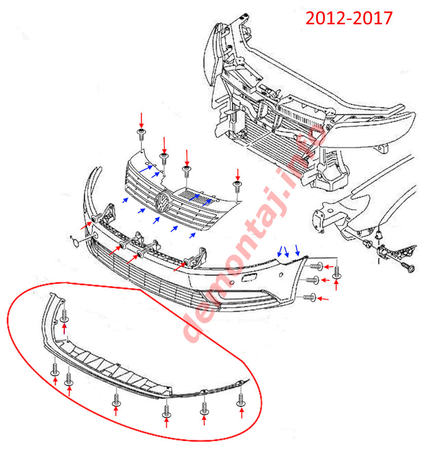 Схема крепления переднего бампера Volkswagen CC (Passat СС) 2012-2017 