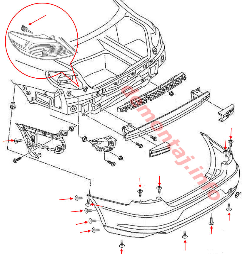 Схема крепления заднего бампера Volkswagen CC (Passat СС) 2008-2017 