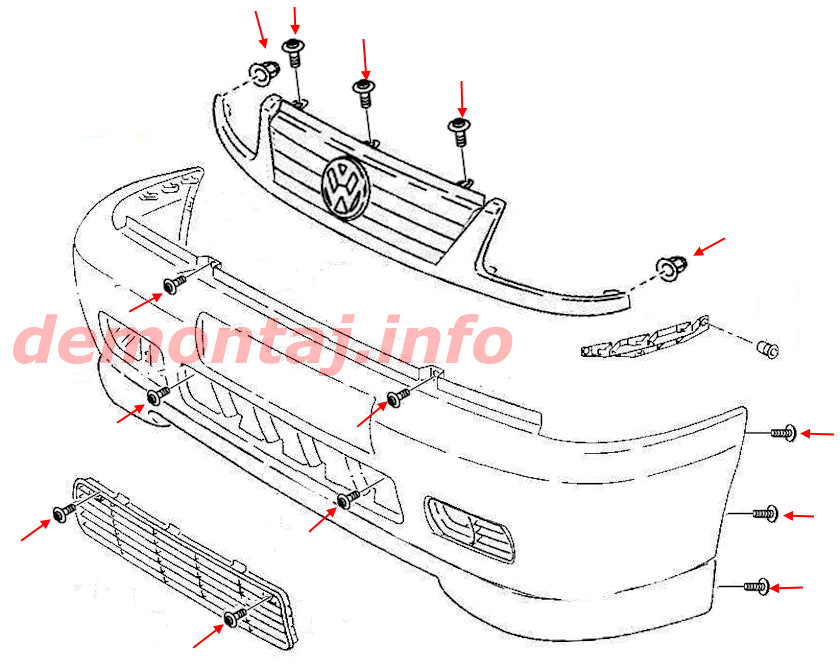 Схема крепления переднего бампера VW Caddy II (1996–2004) 