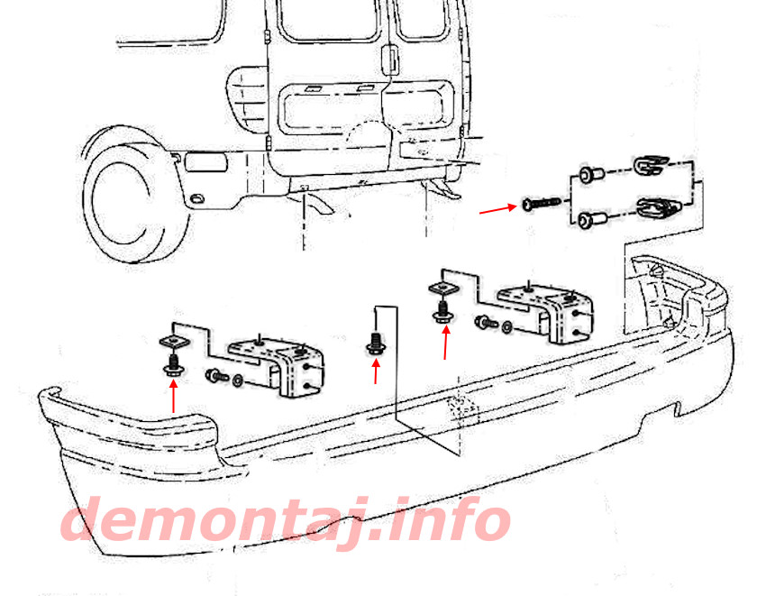 Схема крепления заднего бампера VW Caddy II (1996–2004) 