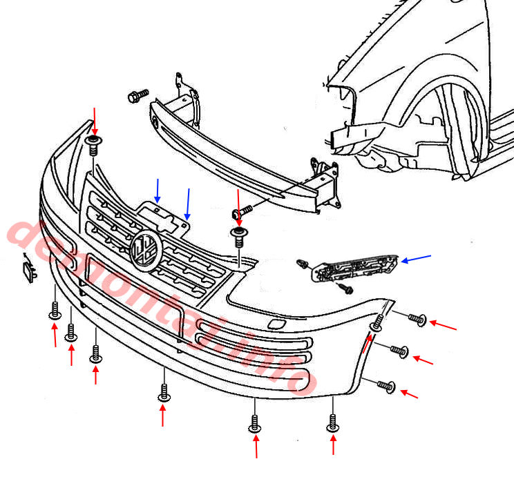 Схема крепления переднего бампера VW Caddy III (2004–2021) 