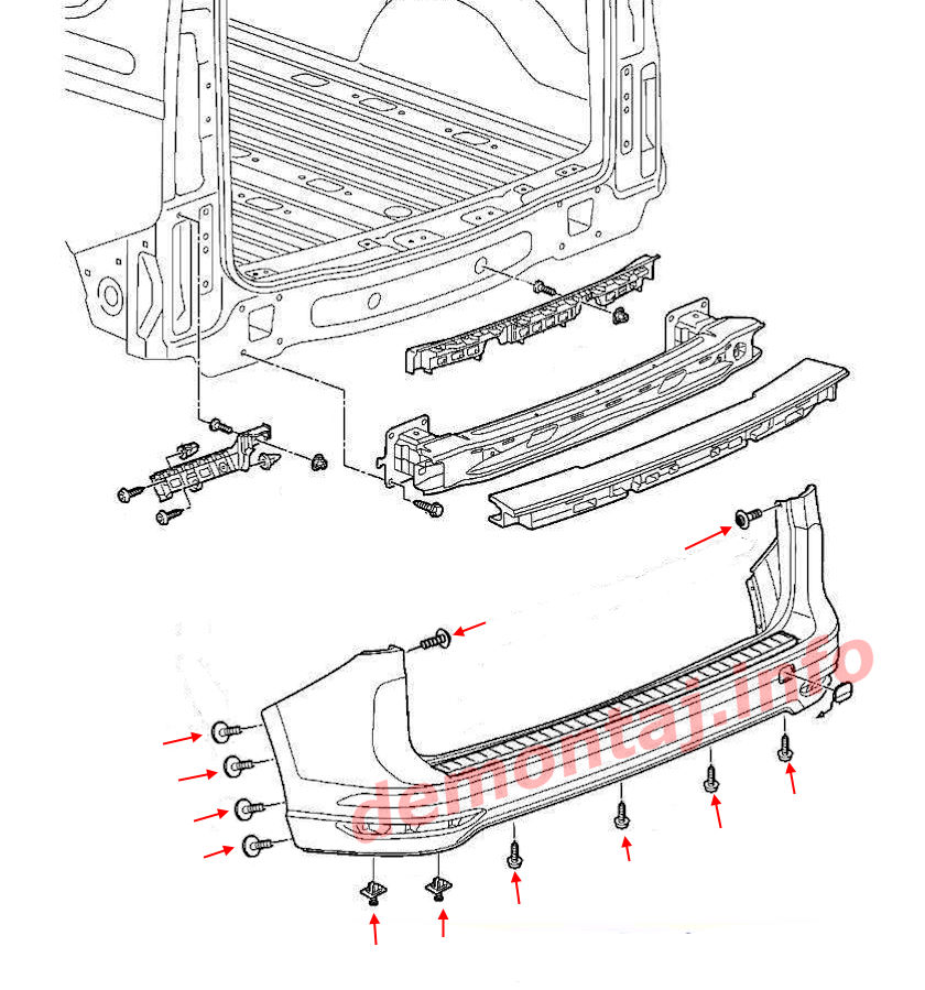 Схема крепления заднего бампера VW Caddy IV (2020–2024) 