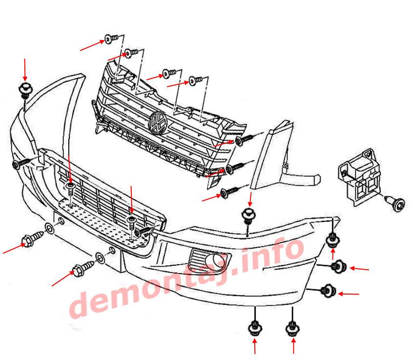 Схема крепления переднего бампера VW Crafter I (2006–2017) 