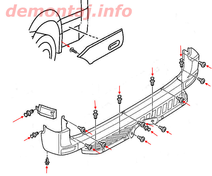 Схема крепления заднего бампера VW Crafter I (2006–2017) 