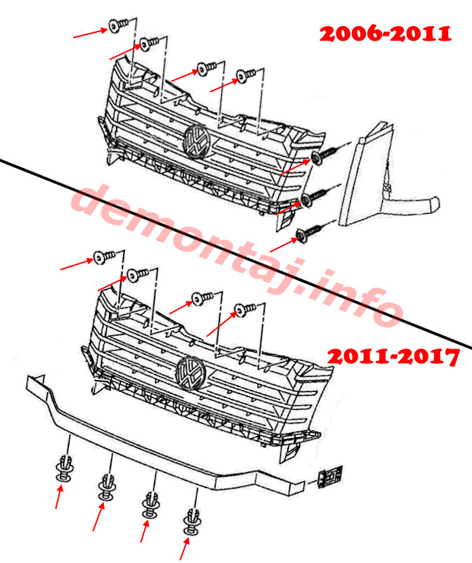 Схема крепления решетки радиатора VW Crafter I (2006–2017) 