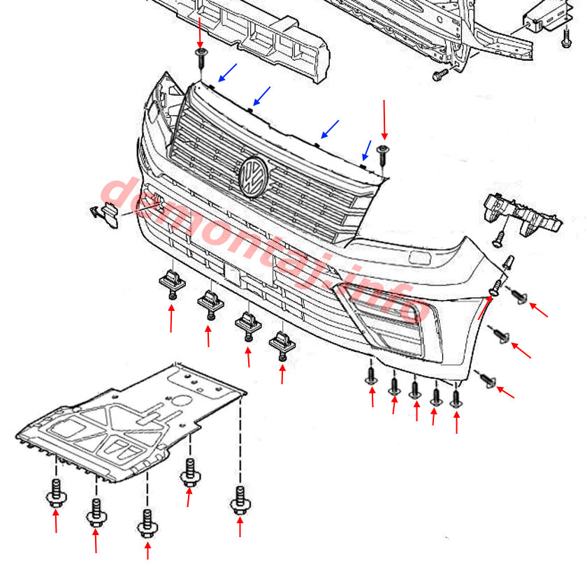 Схема крепления переднего бампера  VW Crafter II / MAN TGE (2017–2024)