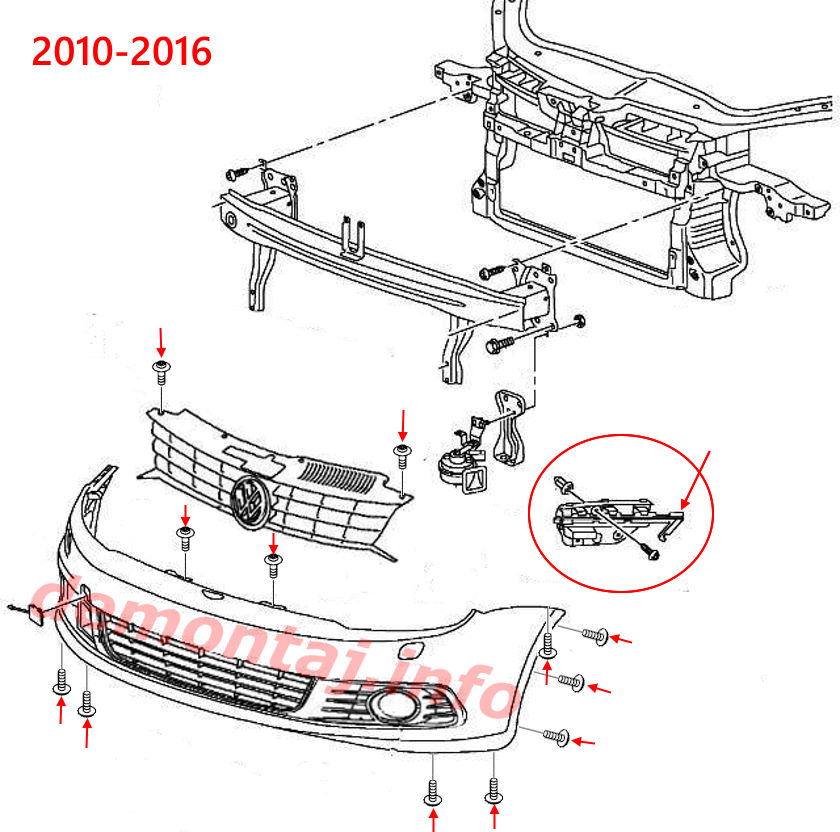 Схема крепления переднего бампера Volkswagen Eos (2006–2016) 