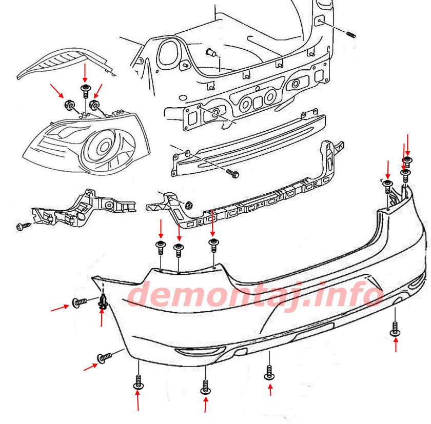 Схема крепления заднего бампера Volkswagen Eos (2006–2016) 