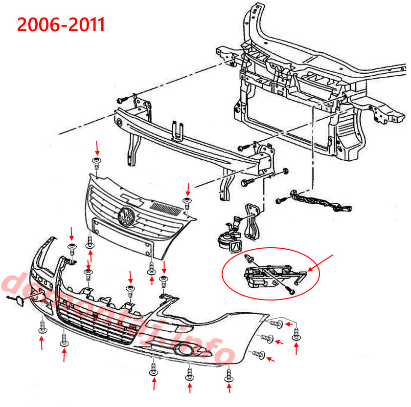 Схема крепления переднего бампера Volkswagen Eos (2006–2016) 