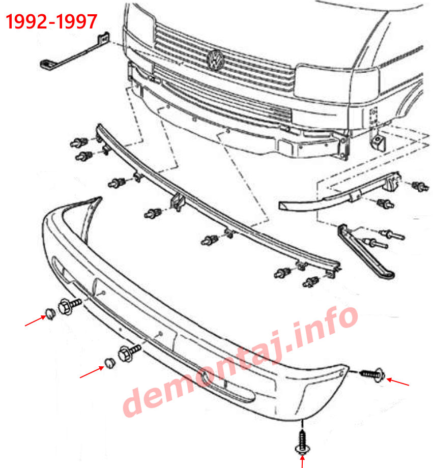 Схема крепления переднего бампера Volkswagen EuroVan (1992–1997)