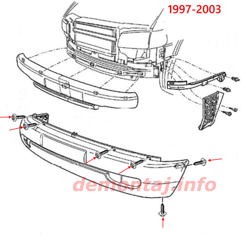 Схема крепления переднего бампера Volkswagen EuroVan (1997–2003) 