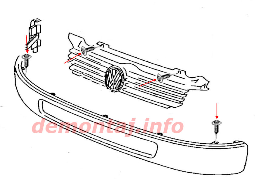 Схема крепления решетки радиатора Volkswagen EuroVan (1997–2003) 
