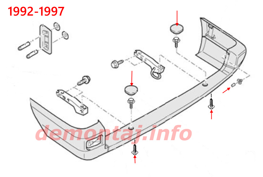 Схема крепления заднего бампера Volkswagen EuroVan (1992–1997) 