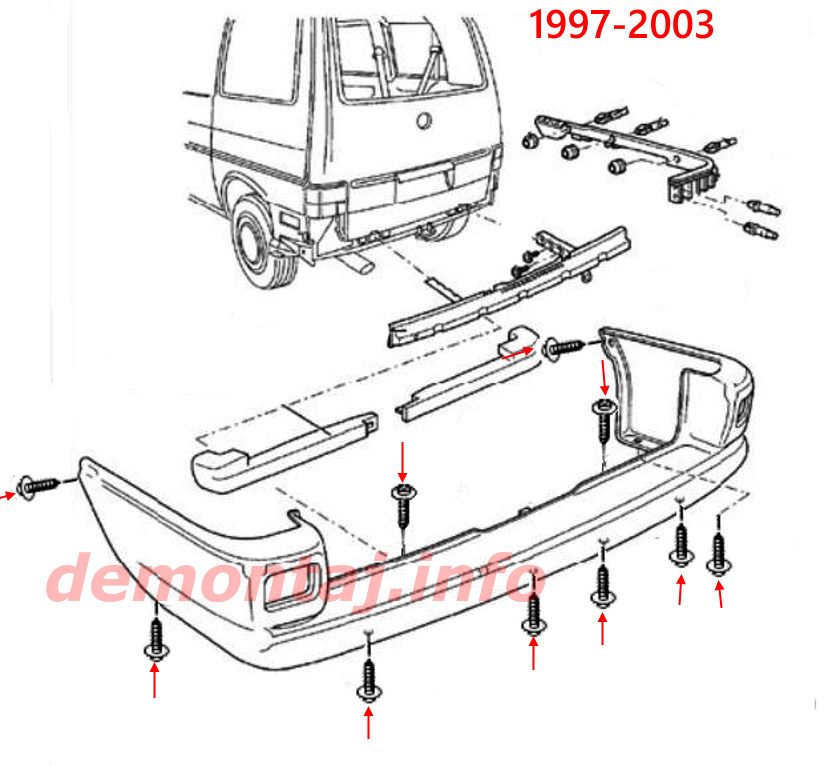 Схема крепления заднего бампера Volkswagen EuroVan (1997–2003) 