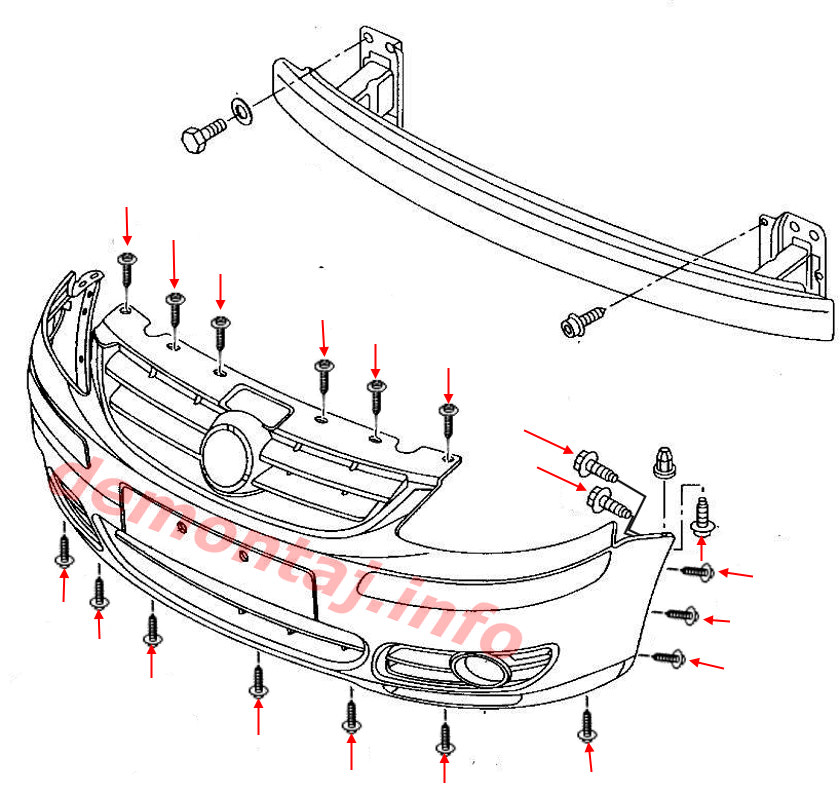 Схема крепления переднего бампера Volkswagen Fox (2003–2011) 