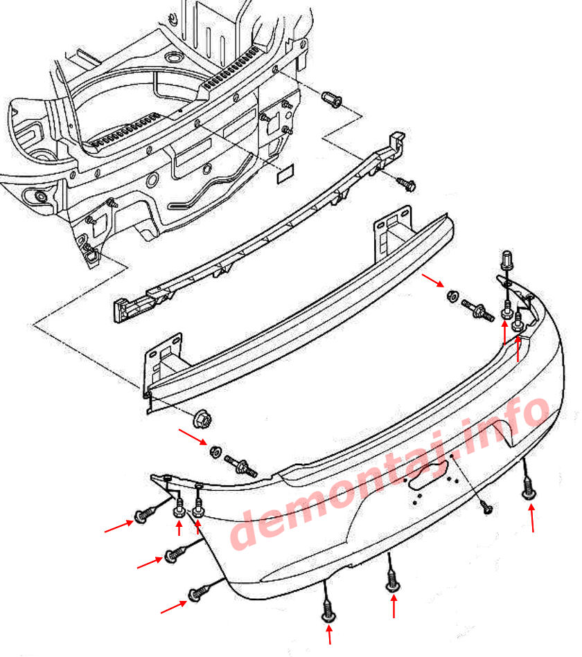 Схема крепления заднего бампера Volkswagen Fox (2003–2011) 