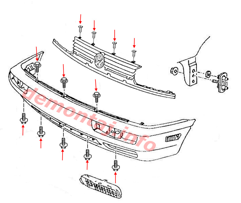 Схема крепления переднего бампера Volkswagen Golf III (1991–1998) 