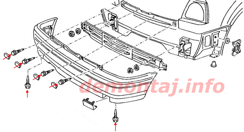 Схема крепления заднего бампера Volkswagen Golf III (1991–1998) 