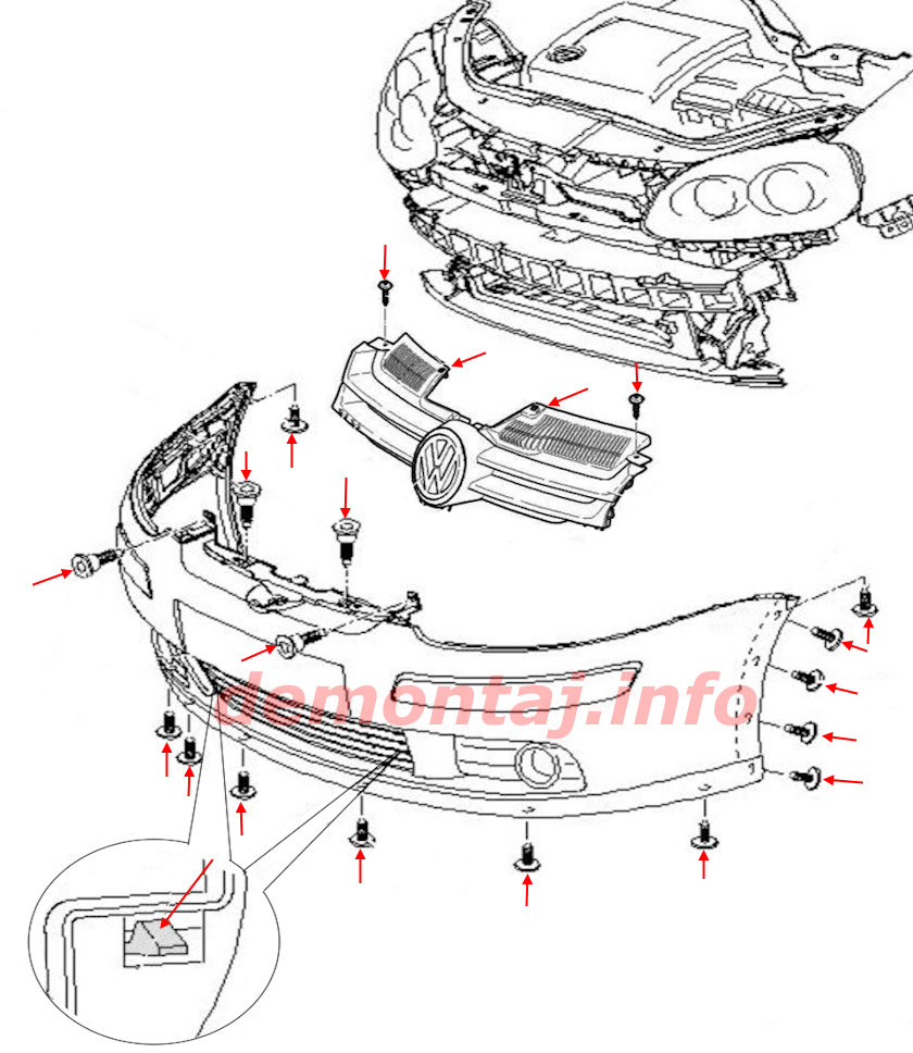 Схема крепления переднего бампера Volkswagen Golf V (2003-2010) 