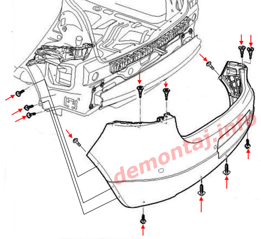 Схема крепления заднего бампера Volkswagen Golf V (2003-2010) 