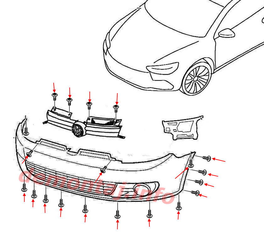 Схема крепления переднего бампера Volkswagen Golf VI (2008-2013) 