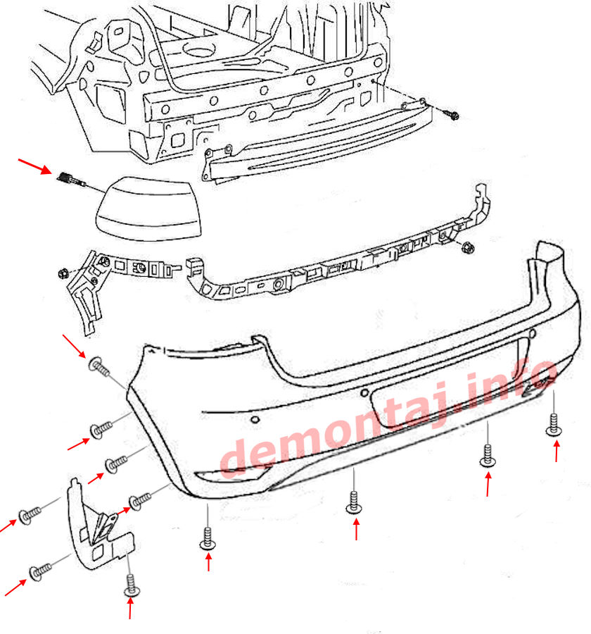 Схема крепления заднего бампера Volkswagen Golf VI (2008-2013) 