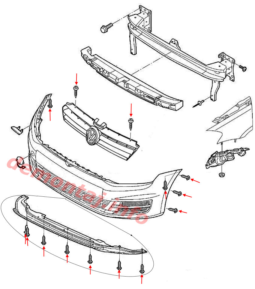 Схема крепления переднего бампера Volkswagen Golf VII (2012-2020) 