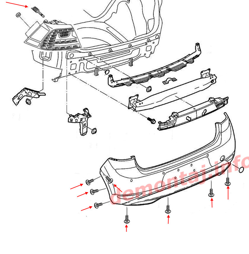 Схема крепления заднего бампера Volkswagen Golf VII (2012-2020) 