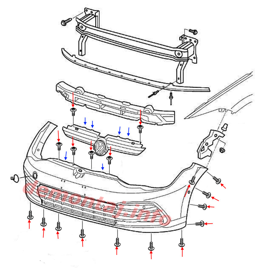 Схема крепления переднего бампера Volkswagen Golf VIII (2019-2024) 