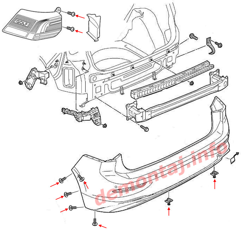 Схема крепления заднего бампера Volkswagen Golf VIII (2019-2024) 