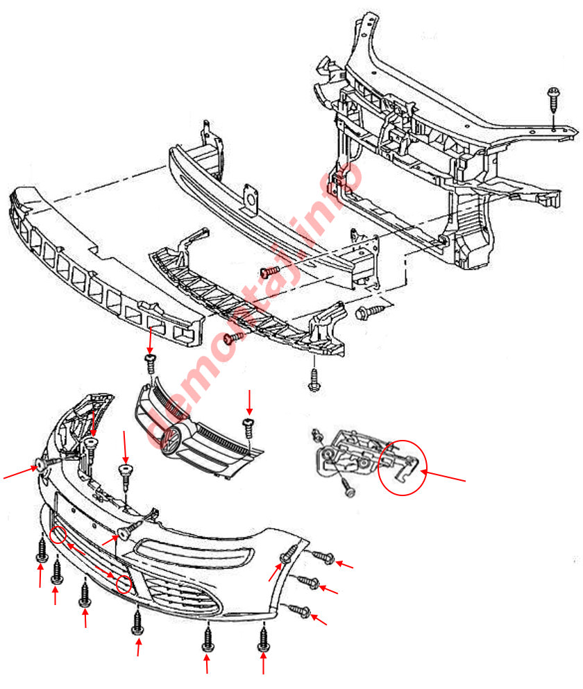 Схема крепления переднего бампера Volkswagen Golf Plus (2004-2014) 