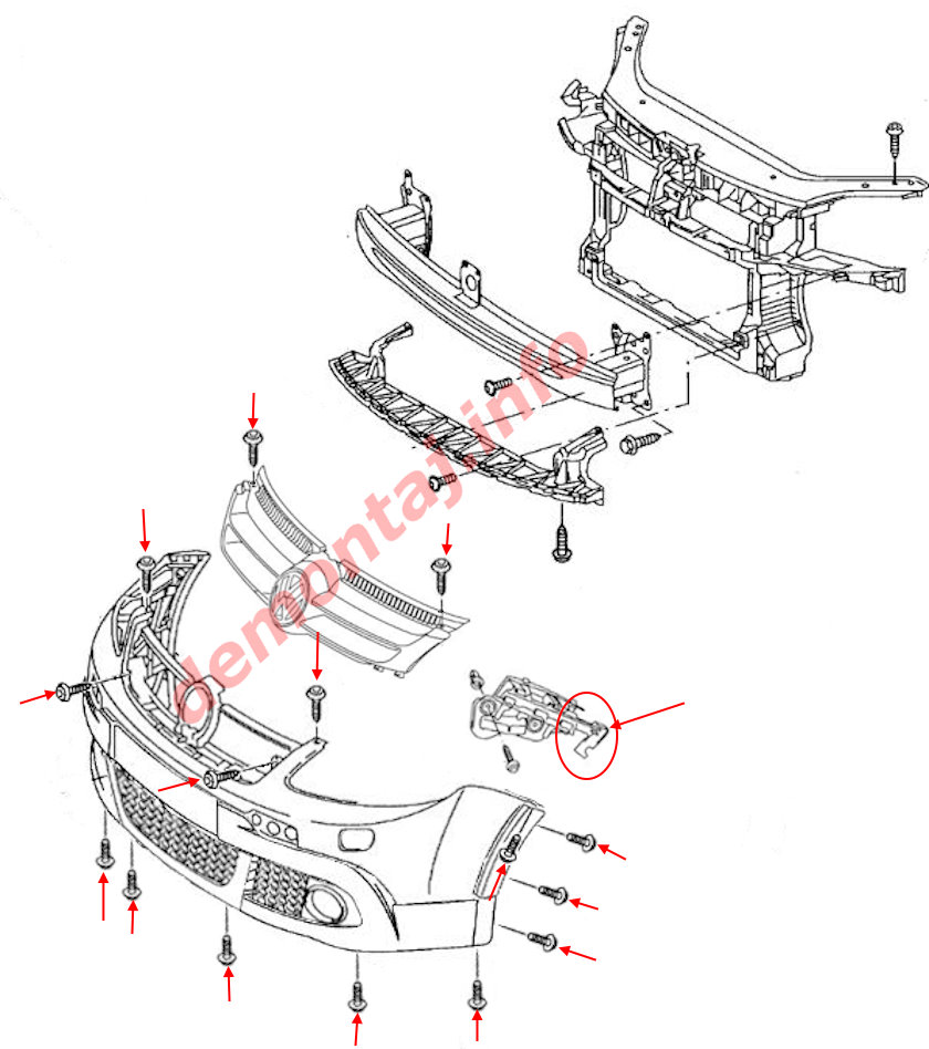 Схема крепления переднего бампера Volkswagen Golf Plus Cross 