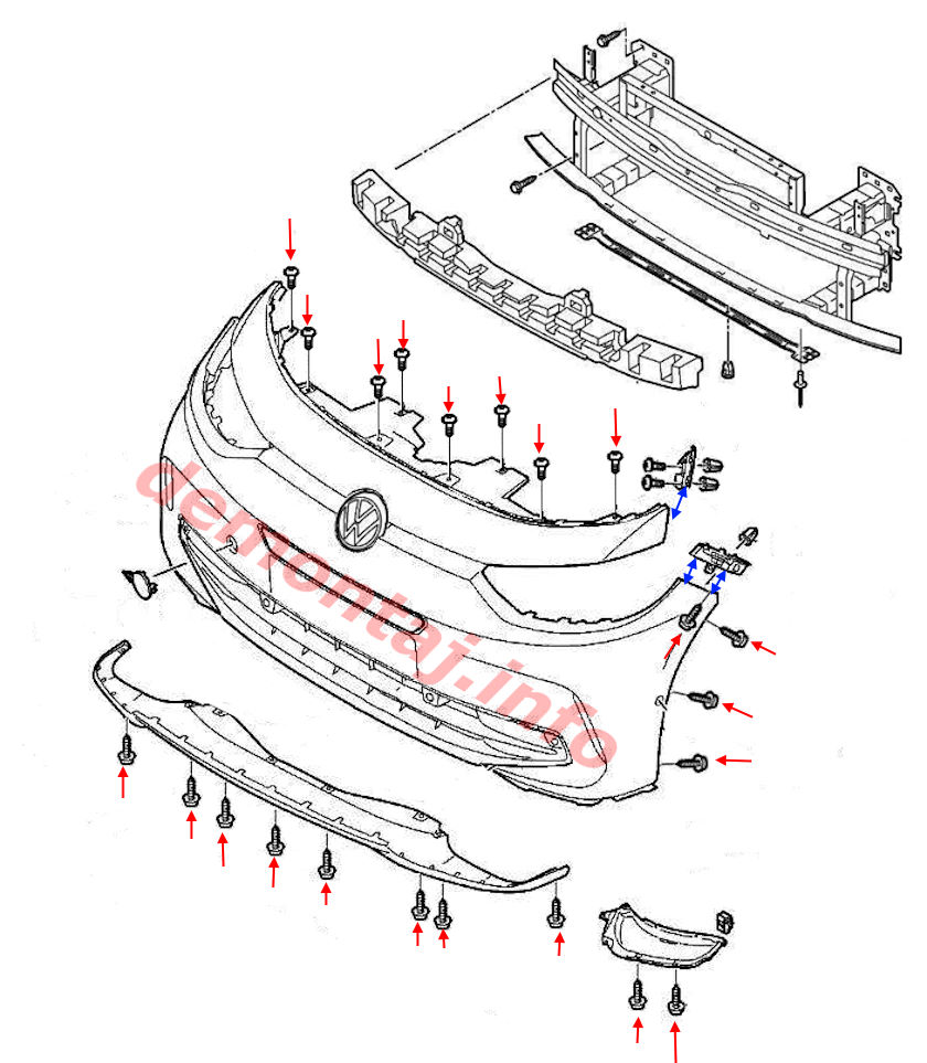 Схема крепления переднего бампера Volkswagen ID.3 (2020+) 