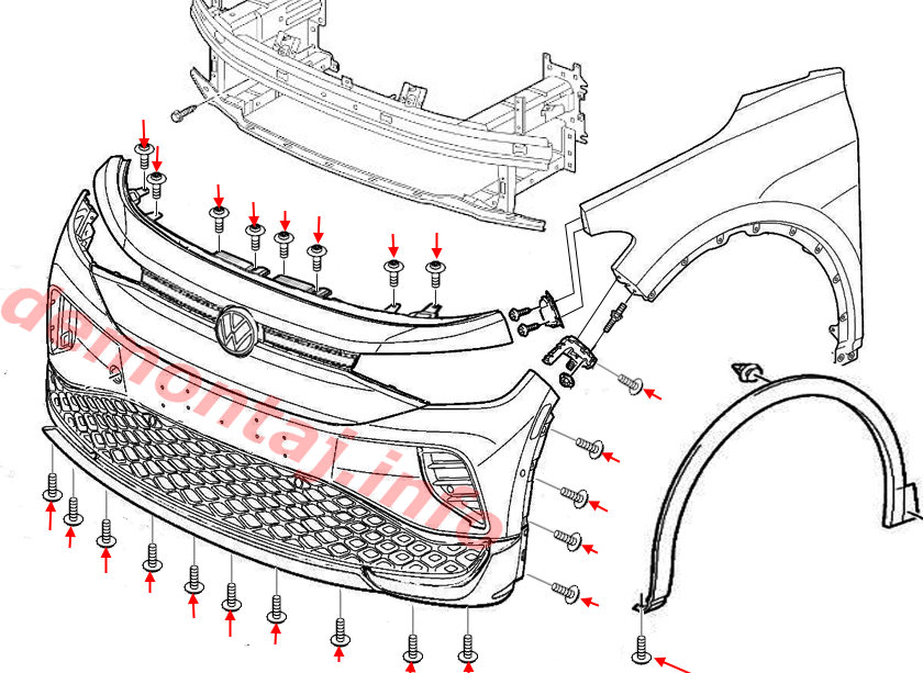 Схема крепления переднего бампера Volkswagen ID.4 / ID.5 (2020+) 