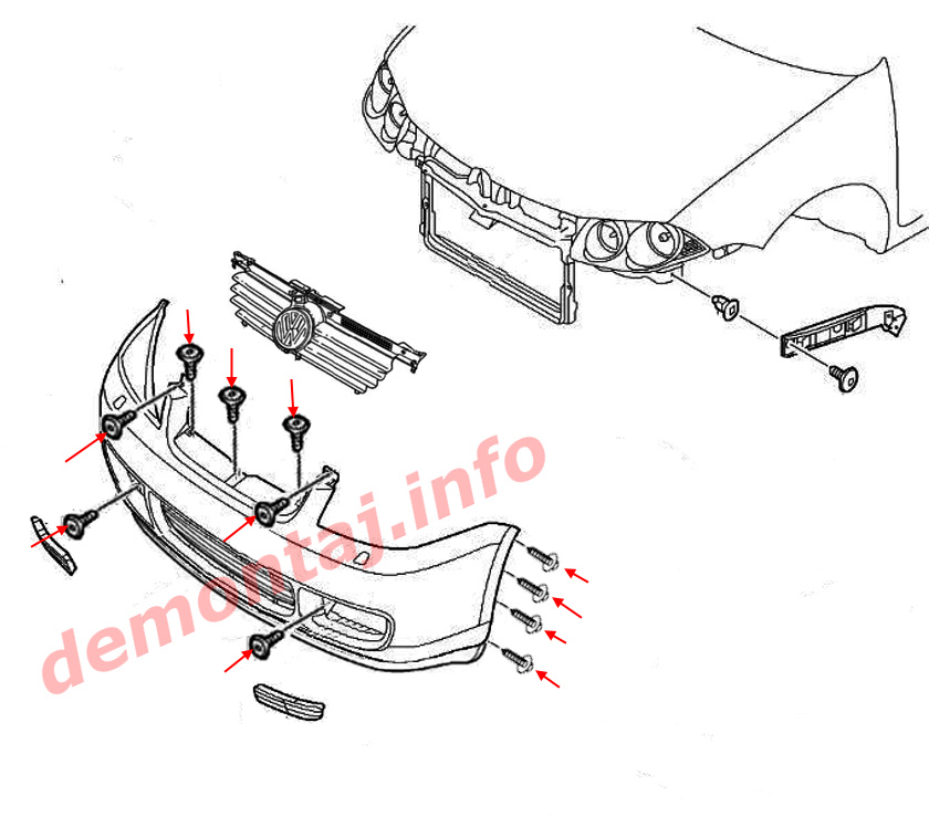 Схема крепления переднего бампера Volkswagen Jetta 4 (1999-2004) 