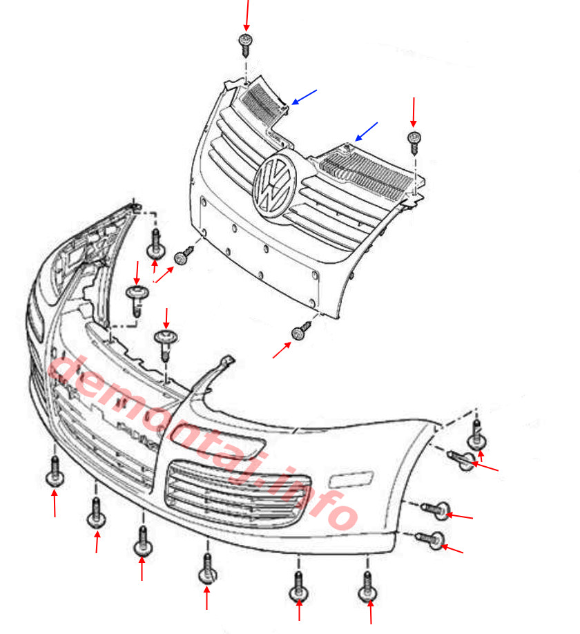 Схема крепления переднего бампера Volkswagen Jetta 5 (2005-2010) 