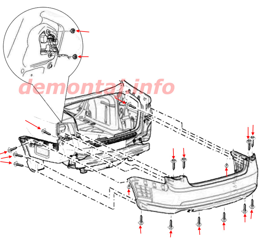 Схема крепления заднего бампера Volkswagen Jetta 5 (2005-2010) 