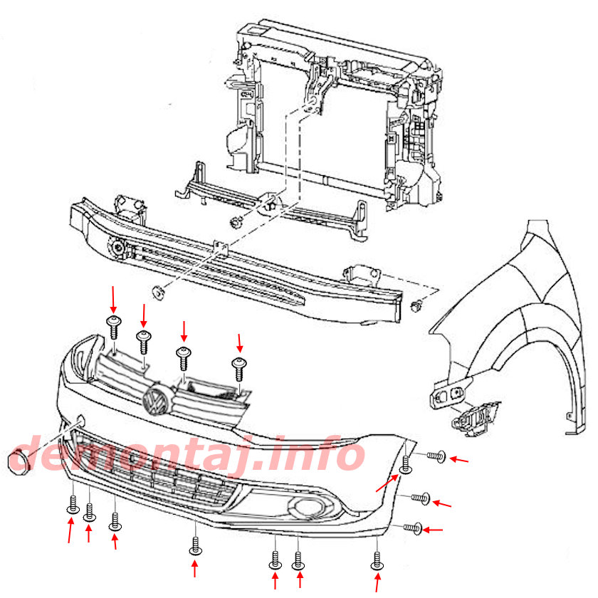 Схема крепления переднего бампера Volkswagen Jetta 6 (2010-2018) 