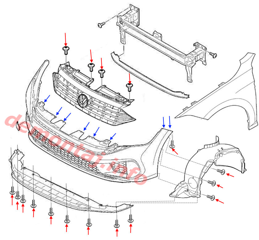 Схема крепления переднего бампера Volkswagen Jetta 7 (2018+) 