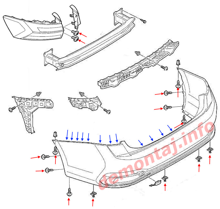 Схема крепления заднего бампера Volkswagen Jetta 7 (2018+) 