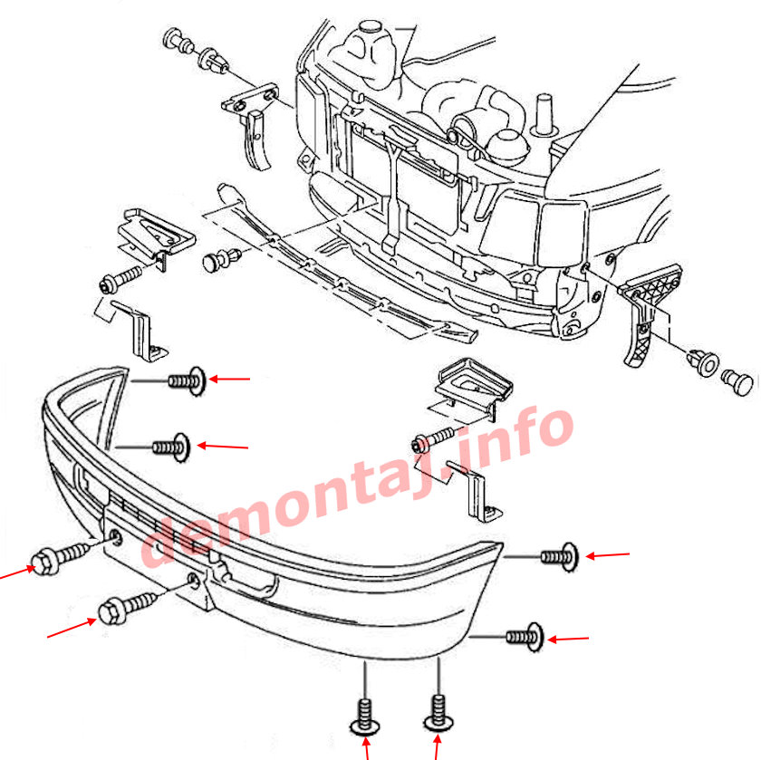 Схема крепления переднего бампера VW LT II (1996–2006) 