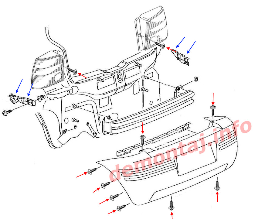 Схема крепления заднего бампера Volkswagen Lupo (1998–2005) 
