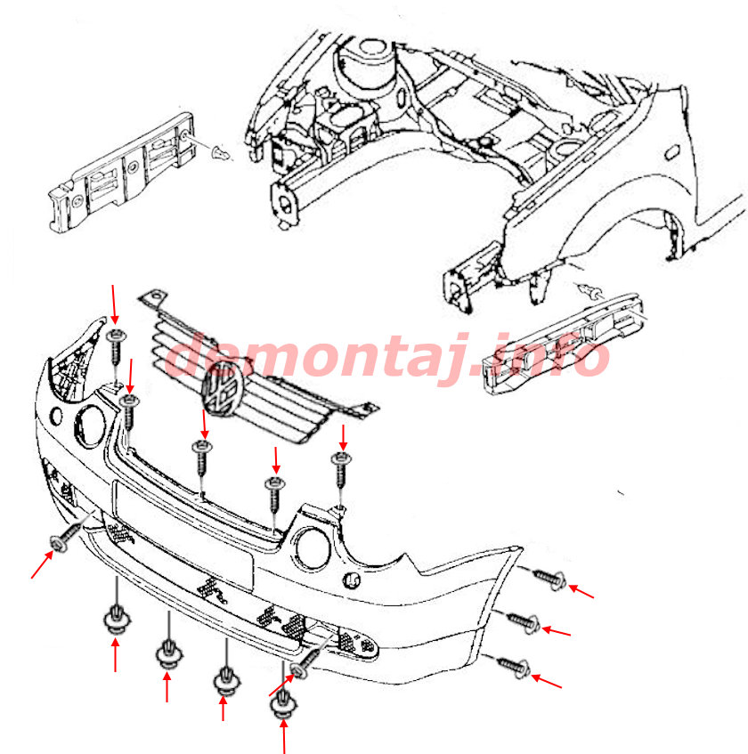 Схема крепления переднего бампера Volkswagen Lupo 3L TDI, FSI, GTI (1998–2005) 