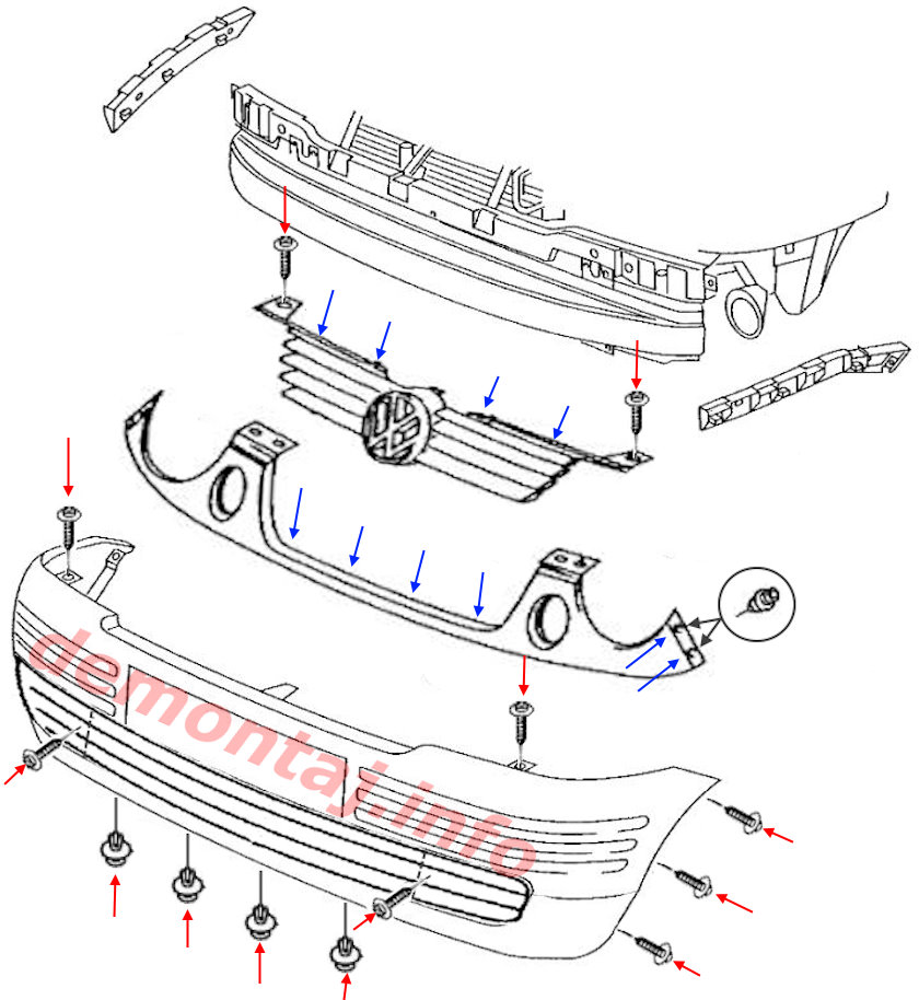 Схема крепления переднего бампера Volkswagen Lupo (1998–2005) 