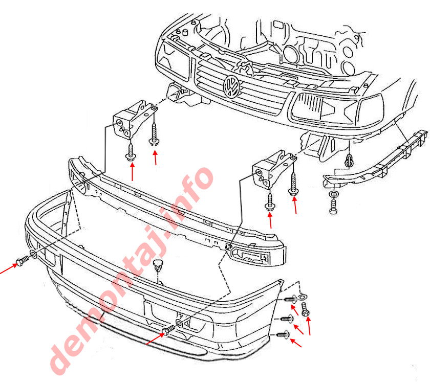 Схема крепления переднего бампера VW Passat B4 (1993–1997) 
