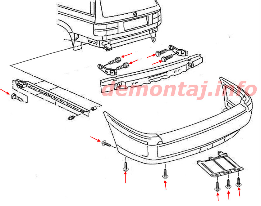 Схема крепления заднего бампера VW Passat B4 (1993–1997) 