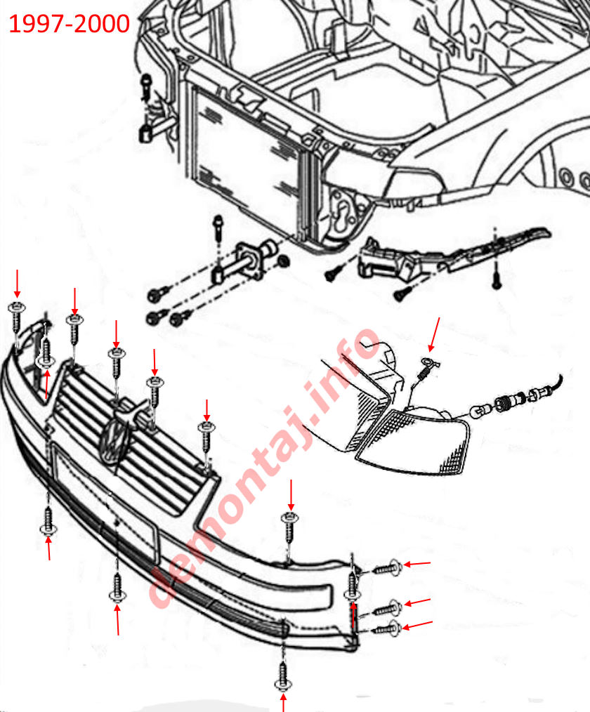 Схема крепления переднего бампера Volkswagen Passat B5 (1997–2000) 