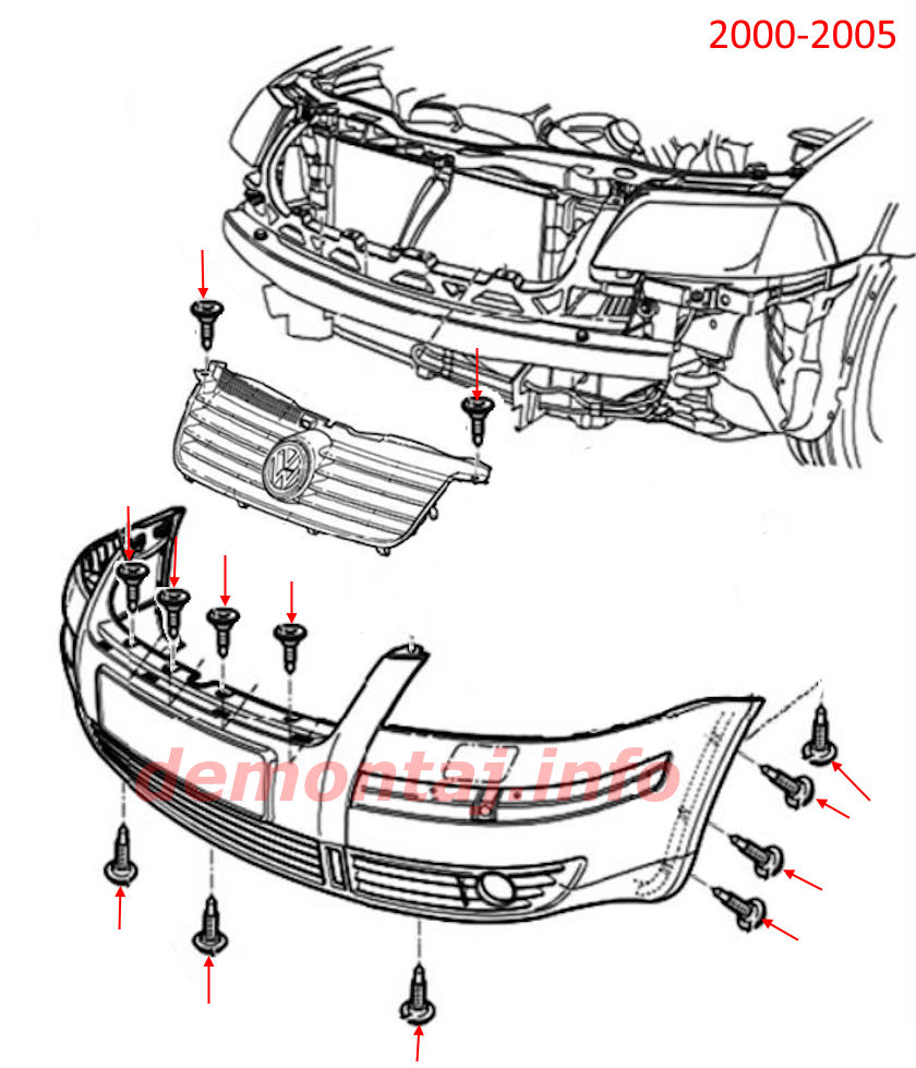 Схема крепления переднего бампера Volkswagen Passat B5 (2000–2005) 