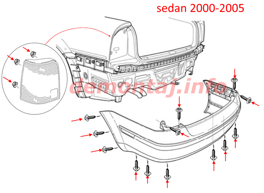 Схема крепления заднего бампера Volkswagen Passat B5 sedan (2000–2005) 