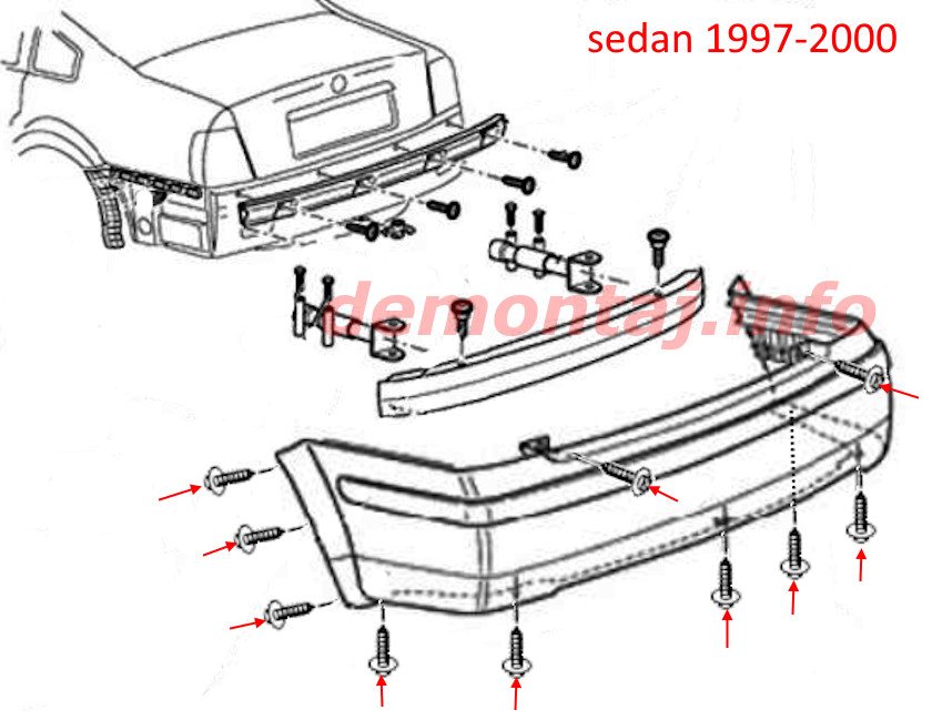 Схема крепления заднего бампера Volkswagen Passat B5 sedan (1997–2000) 